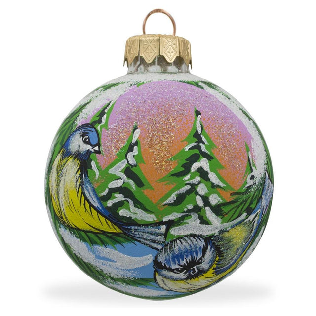 Chirping Duo: Twin Blue Birds Blown Glass Ball Christmas Ornament 3.25 Inches in Multi color, Round shape