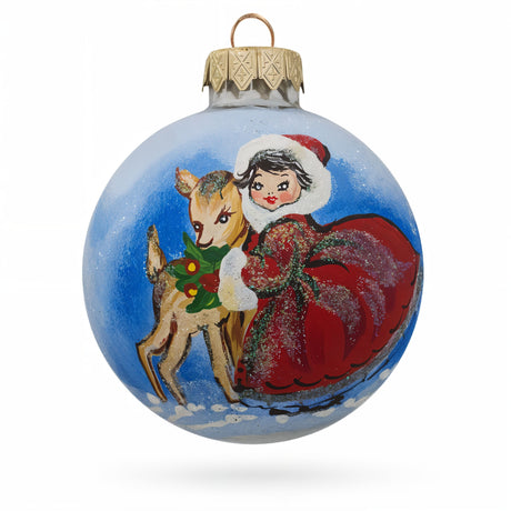 Girl and Reindeer Glass Ball Christmas Ornament 3.25 Inches in Blue color Round