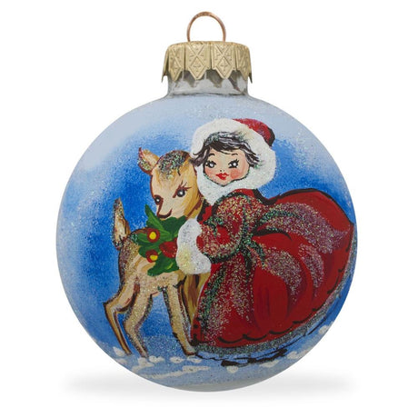 Glass Enchanted Evening: Girl and Reindeer Blown Glass Ball Christmas Ornament 3.25 Inches in Blue color Round