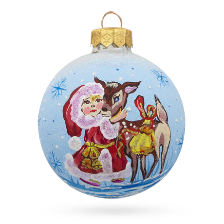 Glass Whimsical Winter Duo: Girl and Reindeer Blown Glass Ball Christmas Ornament 3.25 Inches in Blue color Round