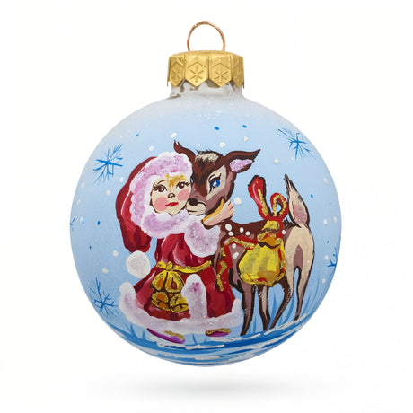 Girl and Reindeer Glass Ball Christmas Ornament 3.25 Inches in Blue color Round