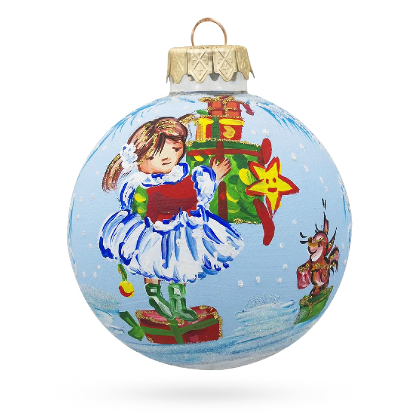 Little Girl Holding Gifts Glass Ball Christmas Ornament 3.25 Inches in Blue color Round