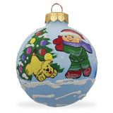 Festive Companions: Boy and Dog Decorating Tree Blown Glass Ball Christmas Ornament 3.25 Inches in Multi color, Round shape