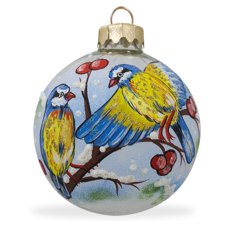 Harmony in Nature: Blue and Yellow Birds on Branch Blown Glass Ball Christmas Ornament 3.25 Inches in Blue color, Round shape