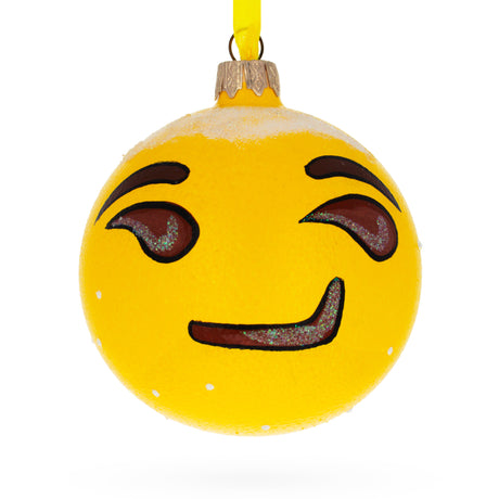 Sly Smirking Facial Expressions Glass Ball Christmas Ornament 3.25 Inches in Yellow color Round