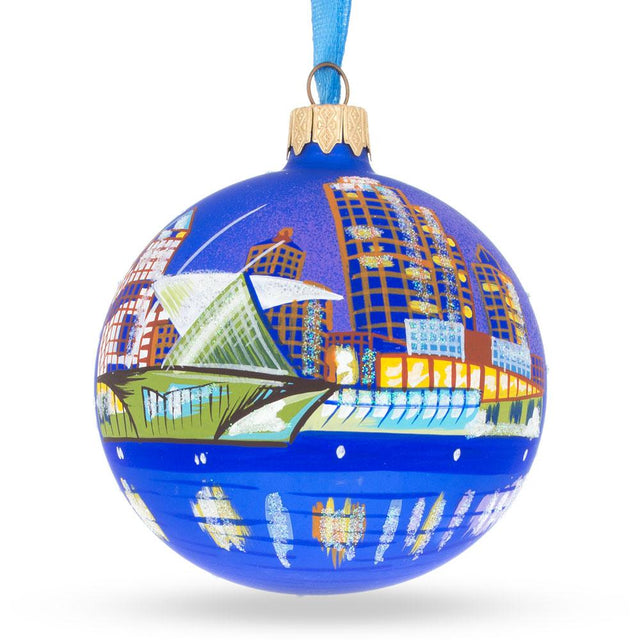 Milwaukee, Wisconsin Glass Ball Christmas Ornament 3.25 Inches in Blue color, Round shape