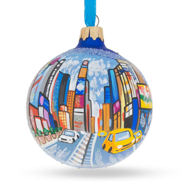 Times Square, New York City Glass Ball Christmas Ornament 3.25 Inches in Blue color, Round shape