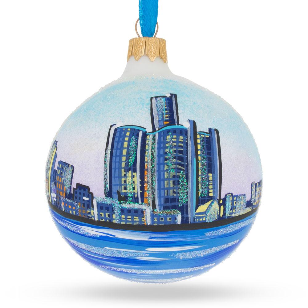 Detroit, Michigan Glass Ball Christmas Ornament 3.25 Inches in Blue color Round