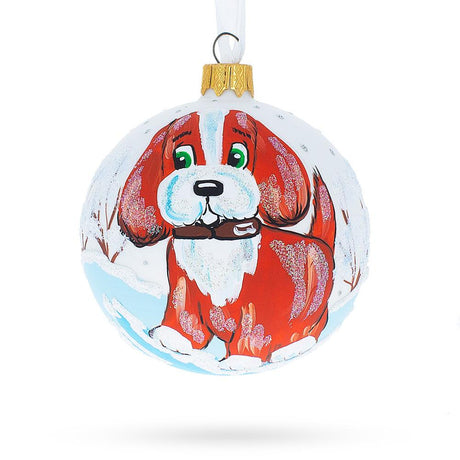 Frolic in the Flurries: Puppy on the Snow Blown Glass Christmas Ornament 3.25 Inches in White color, Round shape