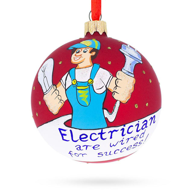 Skilled Electrician with Tools - Blown Glass Ball Christmas Ornament 3.25 Inches in Red color, Round shape