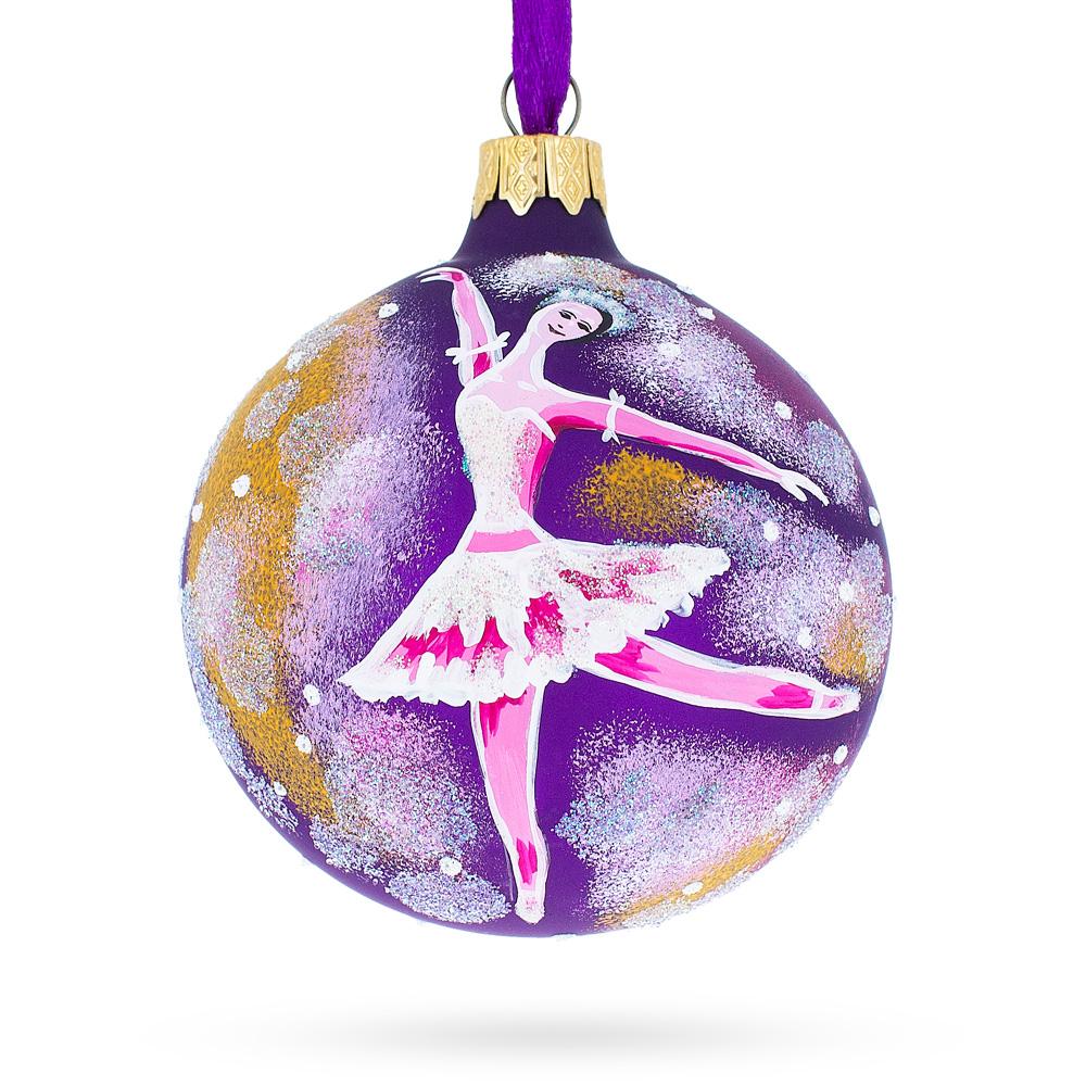 Graceful Ballet Dancer on Purple - Blown Glass Ball Christmas Ornament 3.25 Inches in Purple color, Round shape