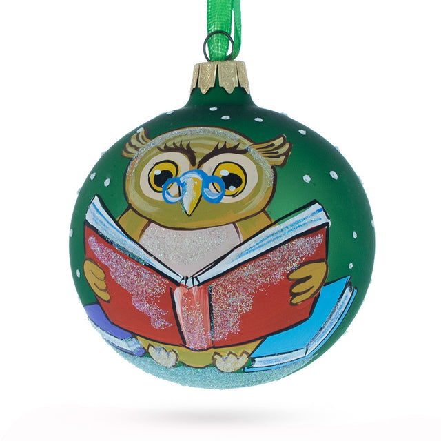 Scholarly Wise Owl with Tome: Blown Glass Ball Christmas Ornament 3.25 Inches in Green color, Round shape