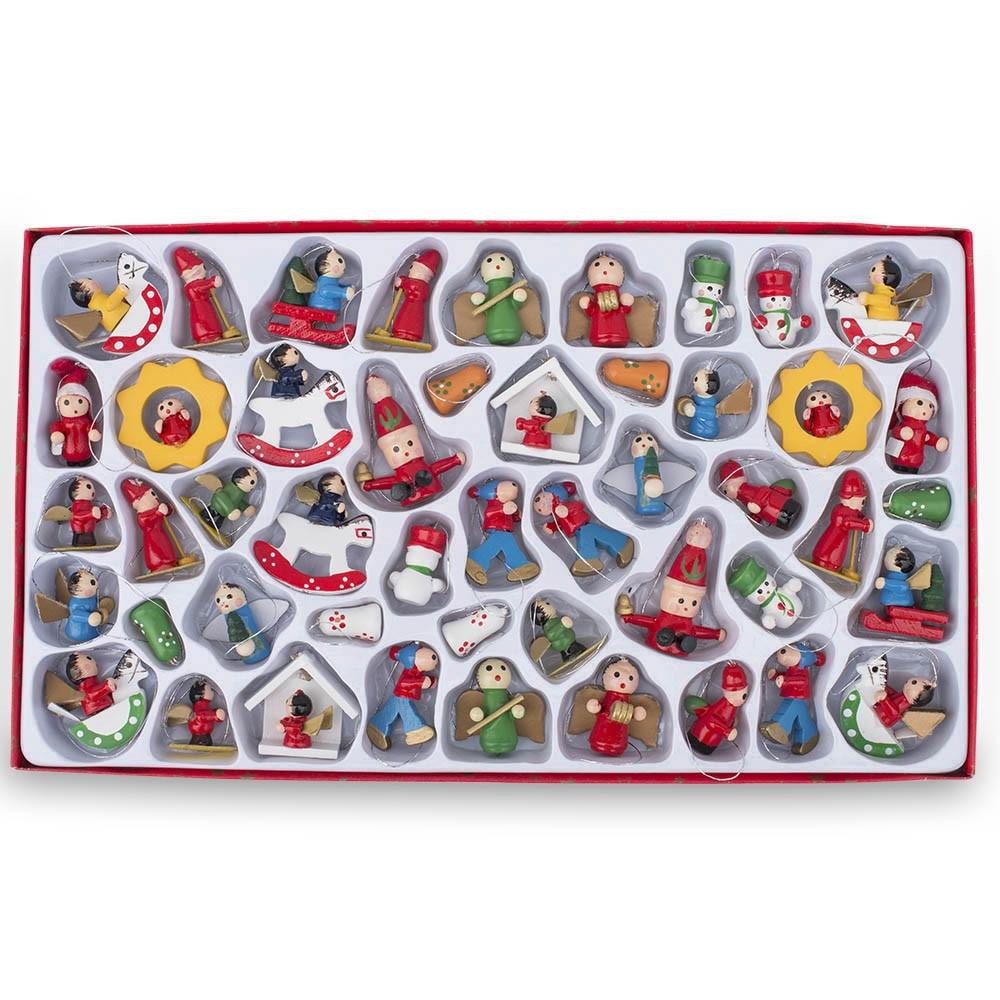 Set of 48 German Style Mini Wooden Christmas Ornaments in Red color Figurine