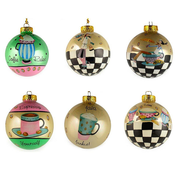 Set of 6 Coffee, Mocha, Latte Lovers Christmas Glass Ball Ornaments 3.25 Inches in Multi color, Round shape