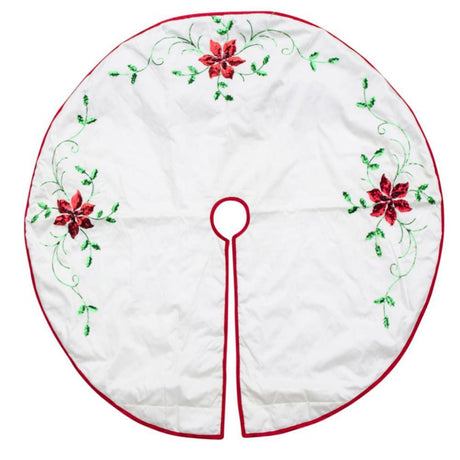 White Poinsettia Embroidered Christmas Tree Skirt 48 Inches in Multi color, Round shape