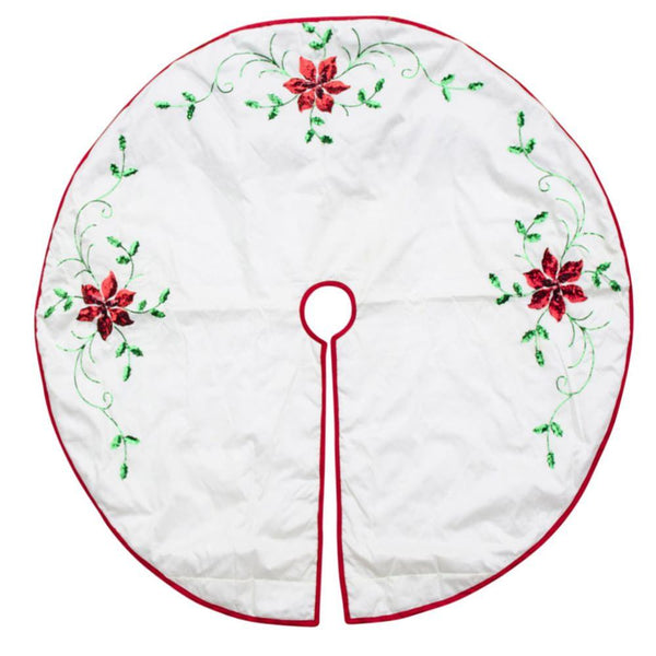 White Poinsettia Embroidered Christmas Tree Skirt 48 Inches by BestPysanky