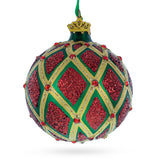 Elegant Glittered Red IKAT on Green Blown Glass Ball Christmas Ornament 3.25 Inches in Red color, Round shape