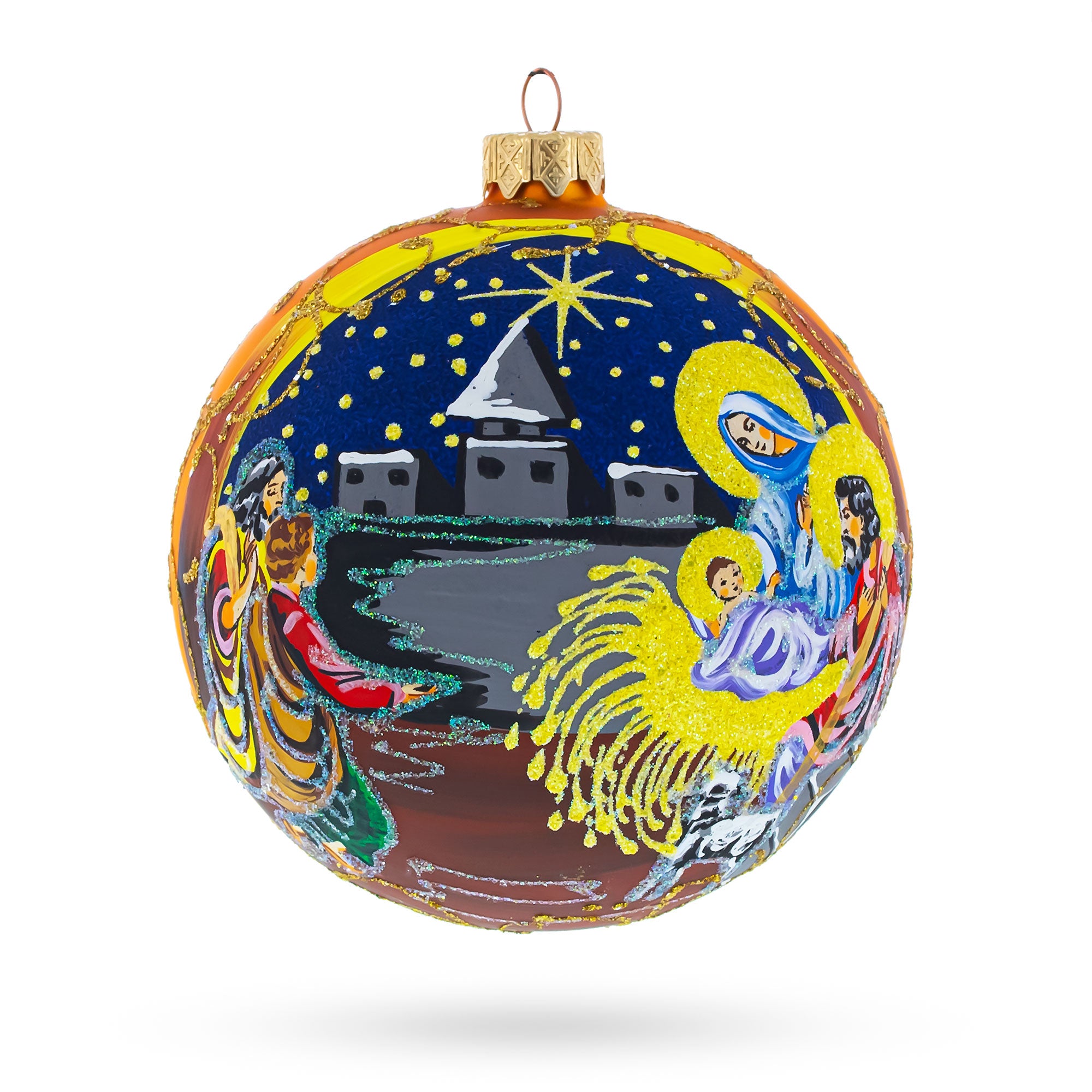 Heavenly Stars Admiring Newborn Jesus Glass Ball Christmas Ornament 3.25 Inches in Gold color Round