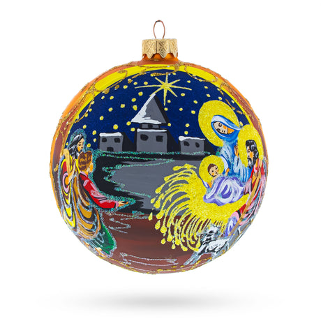 Sacred Nativity Scene on Gold Glass Ball Christmas Ornament 4 Inches in Gold color Round