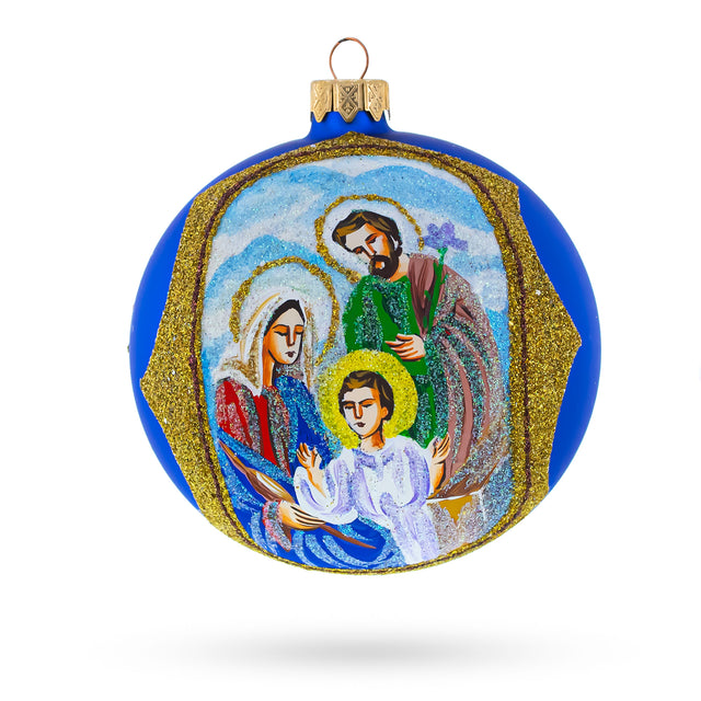 Sacred Holy Family Glittered - Blown Glass Ball Christmas Ornament 4 Inches in Blue color, Round shape