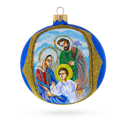 Glass Sacred Holy Family Glittered - Blown Glass Ball Christmas Ornament 4 Inches in Blue color Round