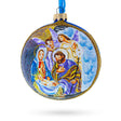 Divine Angels Admiring Jesus Nativity Scene - Blown Glass Ball Christmas Ornament 4 Inches in Blue color, Round shape
