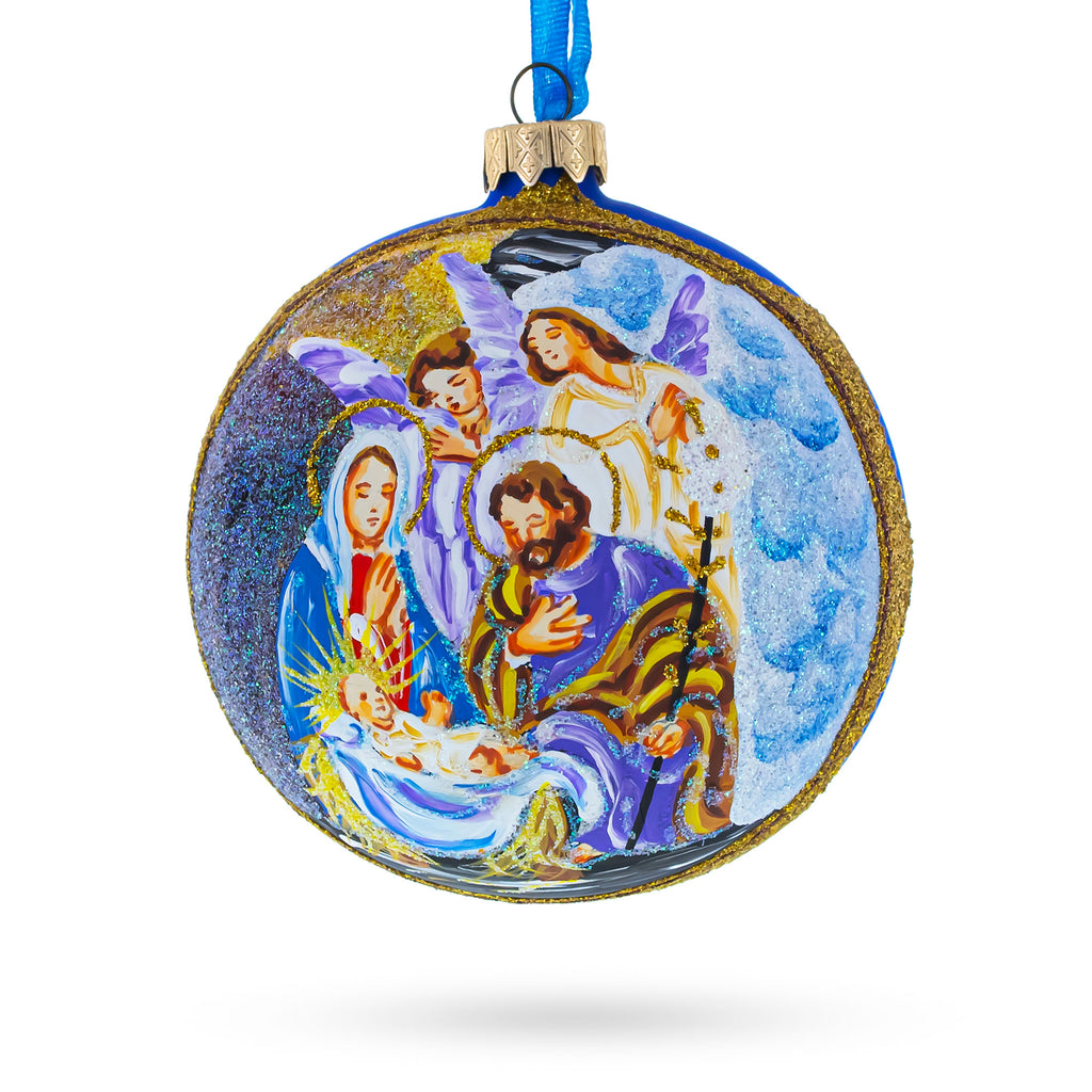 Divine Angels and Holy Family Admiring Jesus Nativity Scene Glass Ball Christmas Ornament 4 Inches in Blue color Round