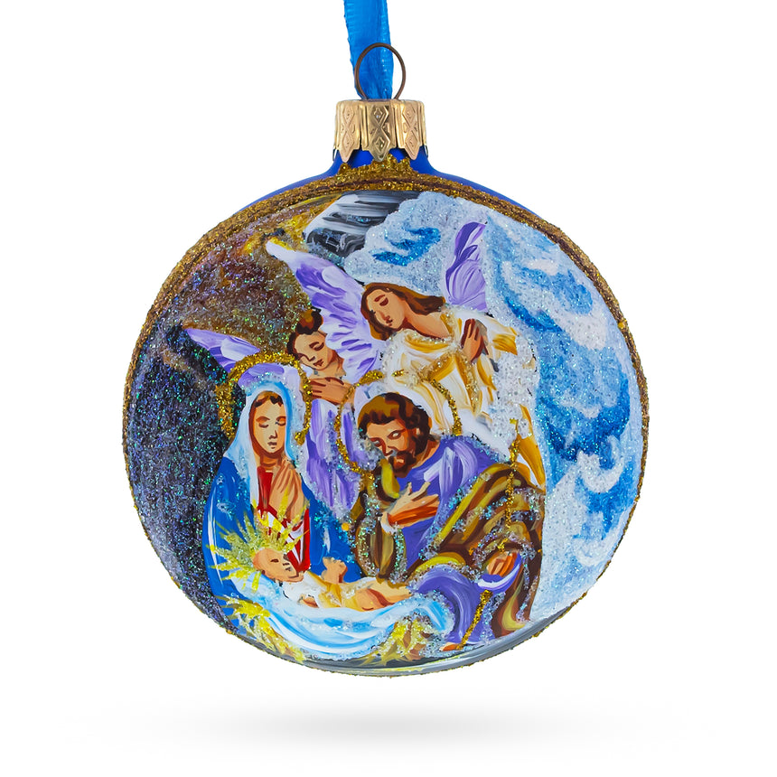Divine Angels Admiring Jesus Nativity Scene Glass Ball Christmas Ornament 3.25 Inches in  color Round
