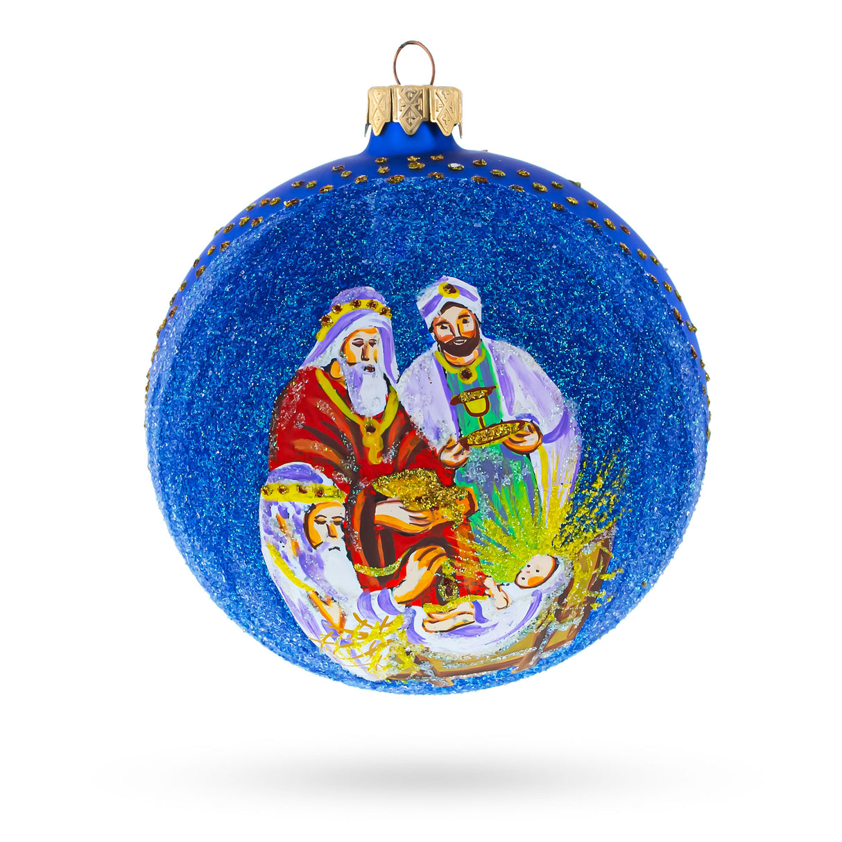 Glass The Wise Men's' Gifts Glass Ball Nativity Christmas Ornament 4 Inches in Blue color Round