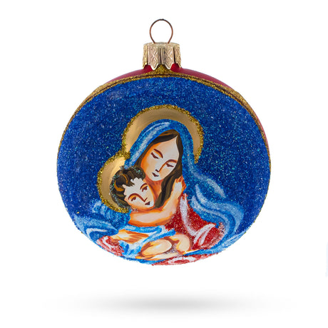 Sacred Virgin Mary Holding Jesus - Blown Glass Ball Christmas Ornament 3.25 Inches in Blue color, Round shape