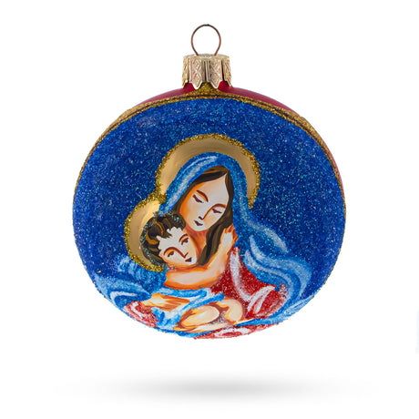 Sacred Virgin Mary Holding Jesus Glass Ball Christmas Ornament 3.25 Inches in Blue color Round