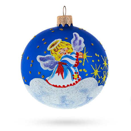 Heavenly Angel in the Sky Glass Ball Christmas Ornament 3.25 Inches in Blue color Round