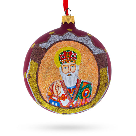 Reverent St. Nicholas with the Bible on Red Blown Glass Ball Christmas Ornament 4 Inches in Red color, Round shape