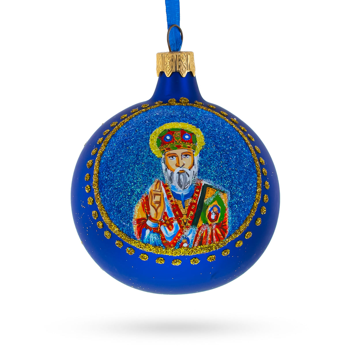 Cultural St. Nicholas with the Bible Ukrainian - Blown Glass Ball Christmas Ornament 3.25 Inches in Blue color, Round shape