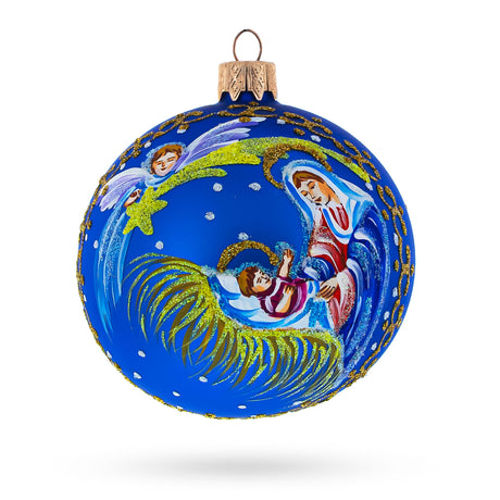 Guardian Angel Overlooking Baby Jesus Nativity Glass Ball Christmas Ornament 3.25 Inches in Blue color Round