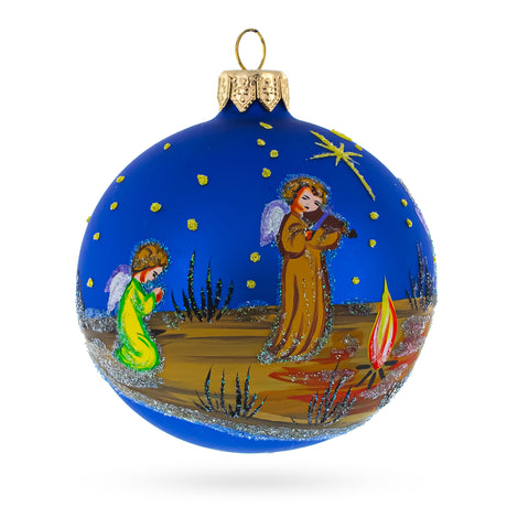 Heavenly Angels in the Night Nativity Scene Glass Ball Christmas Ornament 3.25 Inches in Blue color Round