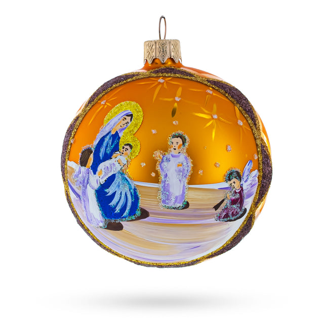 Divine Angels Greeting Jesus - Blown Glass Ball Christmas Ornament 3.25 Inches in Orange color, Round shape