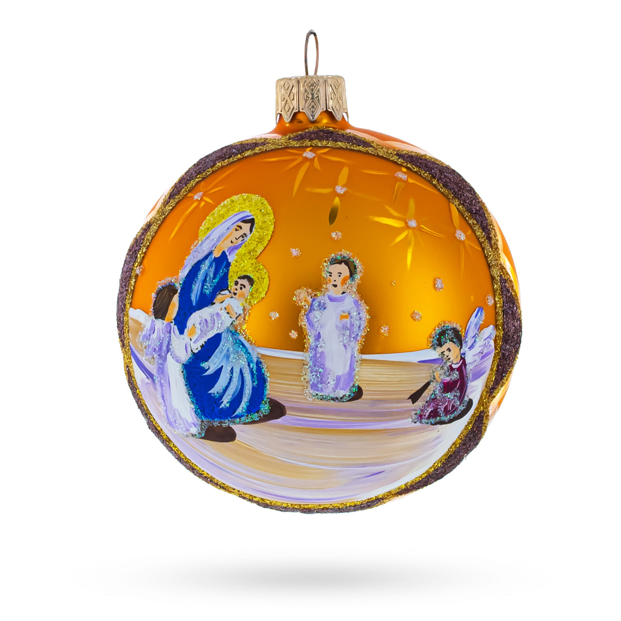 Glass Divine Angels Greeting Jesus - Blown Glass Ball Christmas Ornament 3.25 Inches in Orange color Round