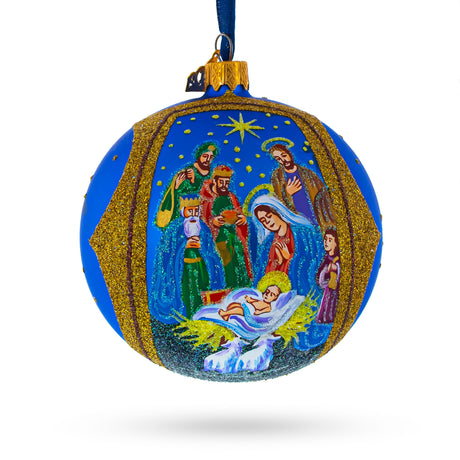 Sacred Nativity Gathering - Blown Glass Ball Christmas Ornament 4 Inches in Blue color, Round shape