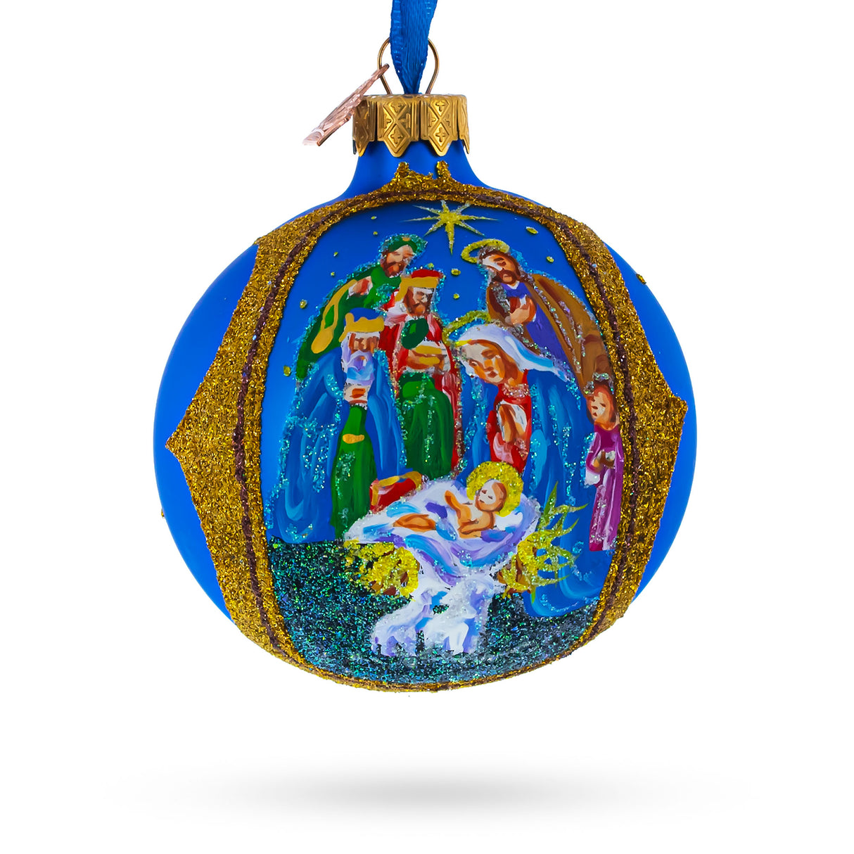 Sacred Nativity Gathering - Blown Glass Ball Christmas Ornament 3.25 Inches in Blue color, Round shape