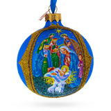 Sacred Nativity Gathering Glass Ball Christmas Ornament 3.25 Inches in Blue color Round