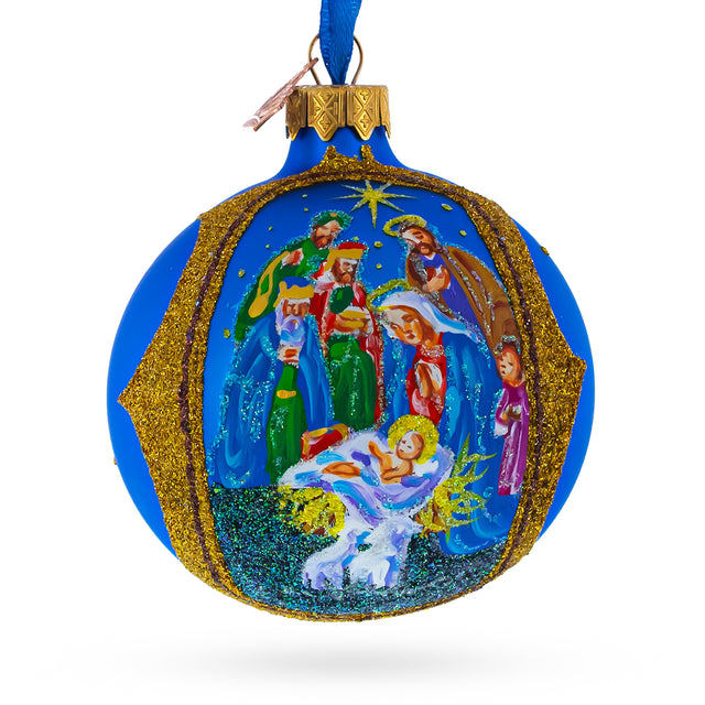 Glass Sacred Nativity Gathering - Blown Glass Ball Christmas Ornament 3.25 Inches in Blue color Round