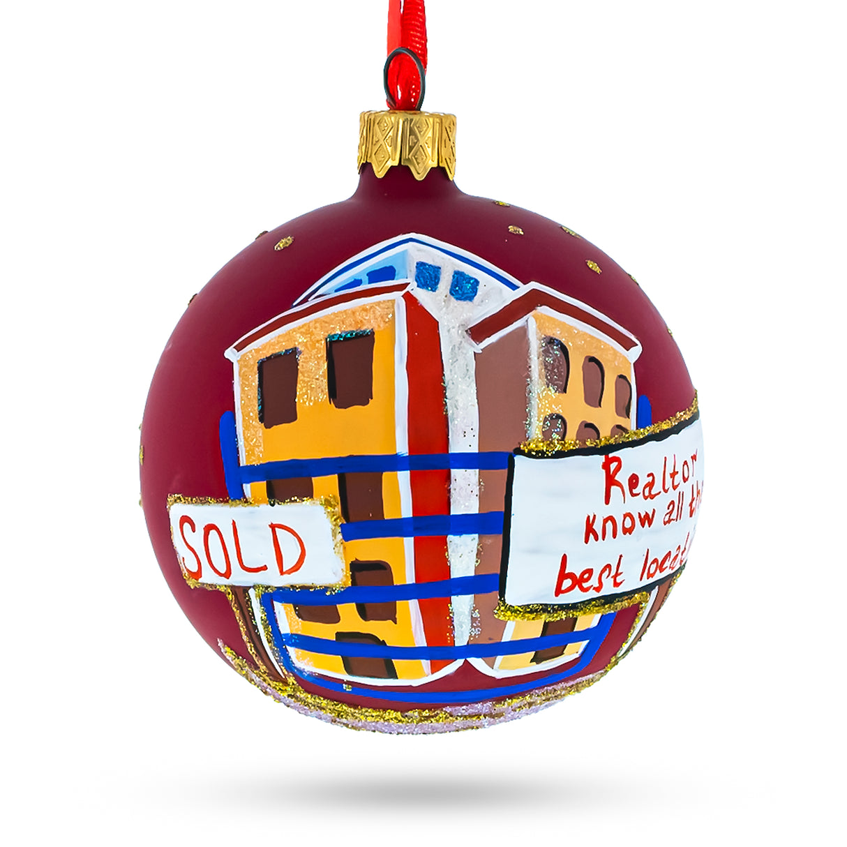 Real Estate Agent Blown Glass Ball Christmas Ornament 3.25 Inches in Red color, Round shape