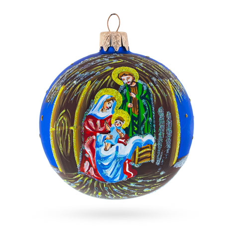Glass Timeless Nativity Scene in Manger - Blown Glass Ball Christmas Ornament 3.25 Inches in Blue color Round