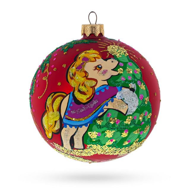 Charming Pony Horse Decorating Tree - Blown Glass Ball Christmas Ornament 4 Inches in Red color, Round shape