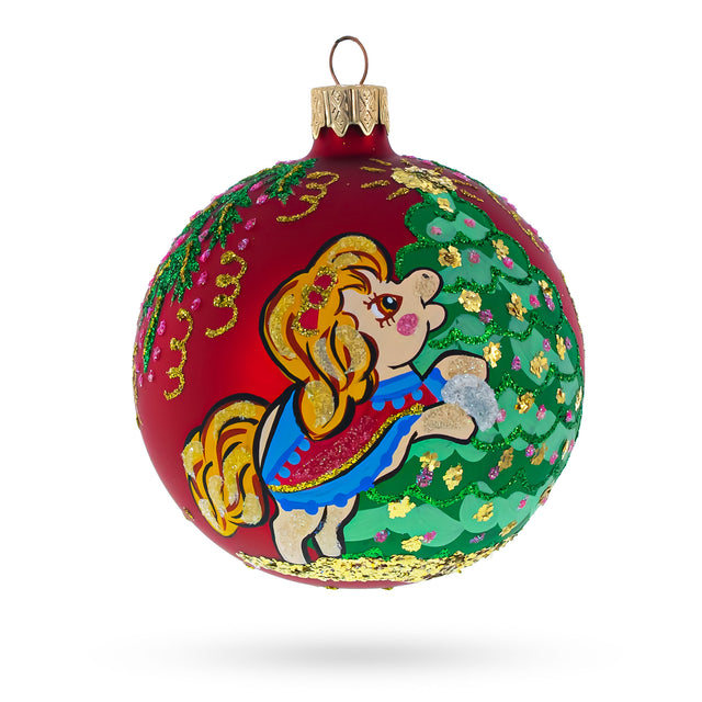 Glass Charming Pony Horse Decorating Tree - Blown Glass Ball Christmas Ornament 3.25 Inches in Red color Round