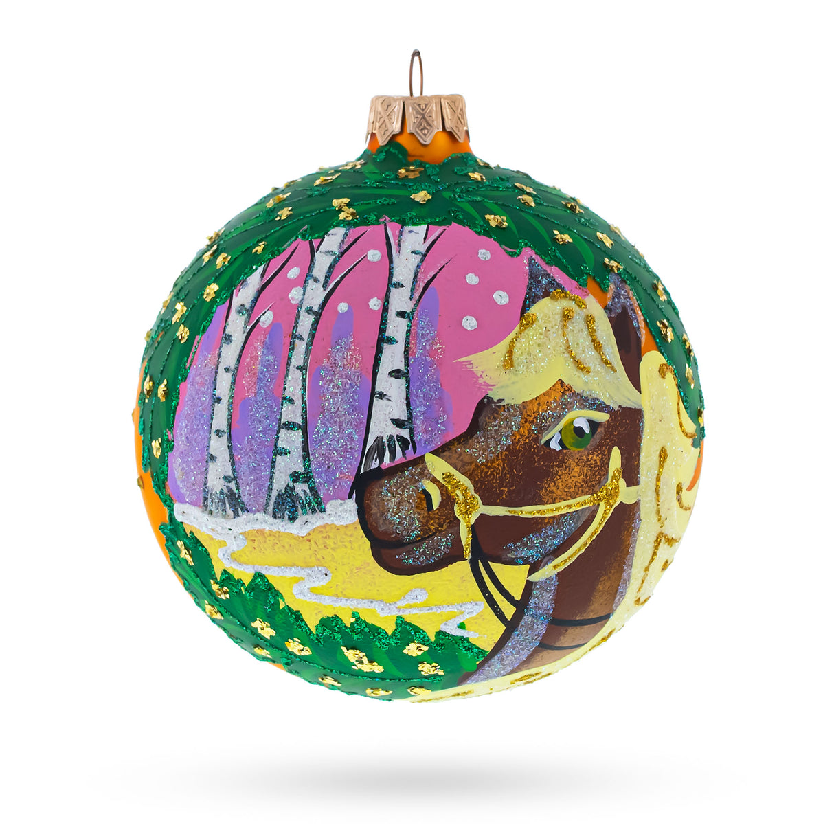 Glass Serene Horse in the Forest Animal Blown Glass Ball Christmas Ornament 4 Inches in Multi color Round