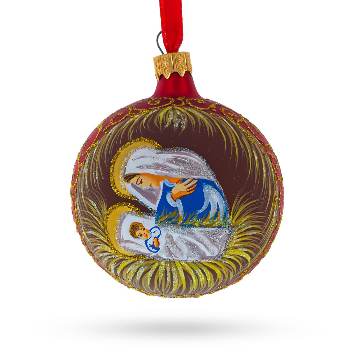 Sacred Mary Overlooking Jesus Nativity - Blown Glass Ball Christmas Ornament 3.25 Inches in Red color, Round shape