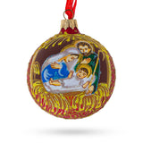 Reverent Holy Family Admires Jesus Nativity Scene - Blown Glass Ball Christmas Ornament 3.25 Inches in Red color, Round shape