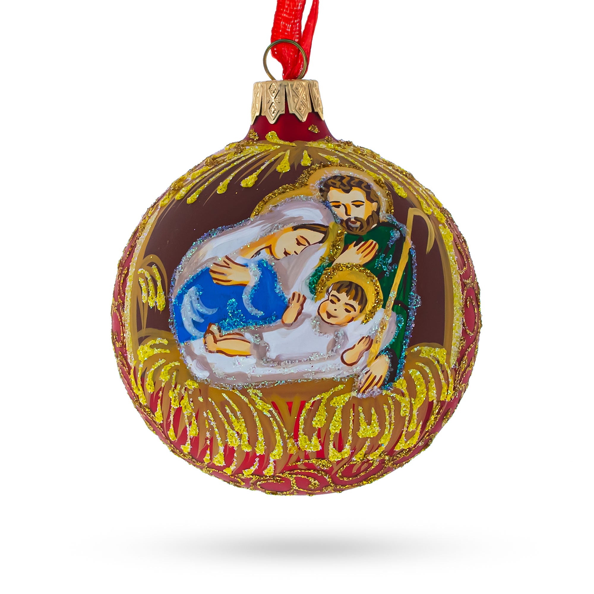 Holy Family Admires Jesus Nativity Scene Glass Ball Christmas Ornament 3.25 Inches in Red color Round